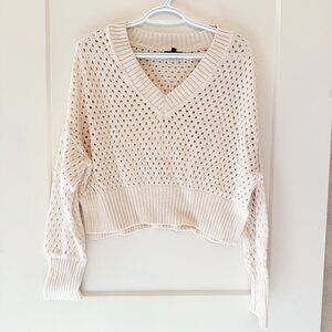 Dynamite P/S Open-Knit V-Neck Cropped Sweater Beige 100% Cotton Long Sleeve